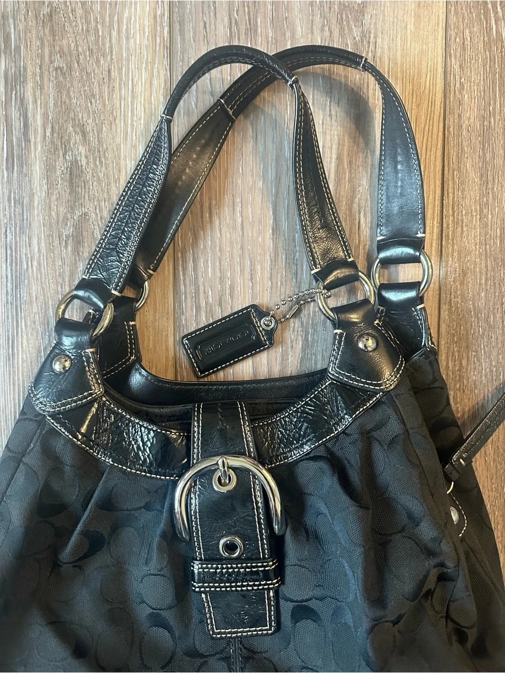 Coach Black SoHo Lynn Signature Hobo Bag with Buckle Accent